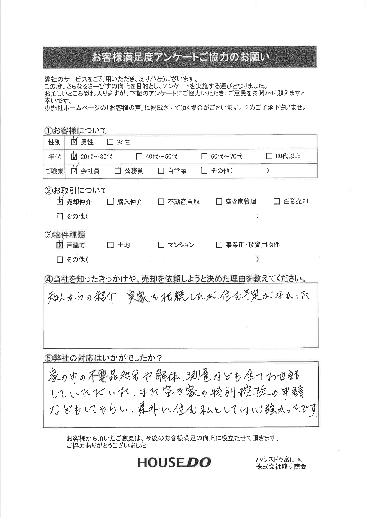 男性：20-30代：戸建の仲介売却