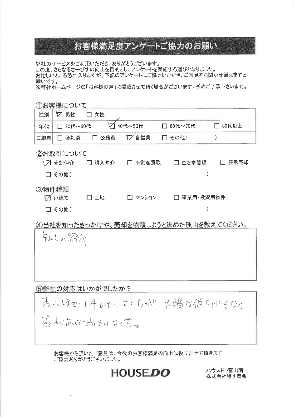 男性：40-50代：戸建の仲介売却